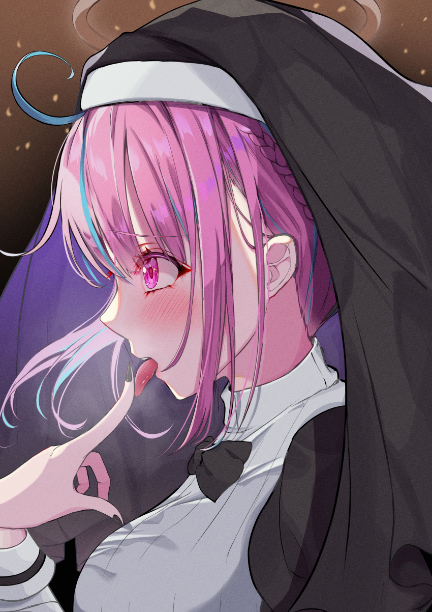 1girl, absurdres, ahoge, asphalt494, black_nails, black_veil, blue_hair, blush