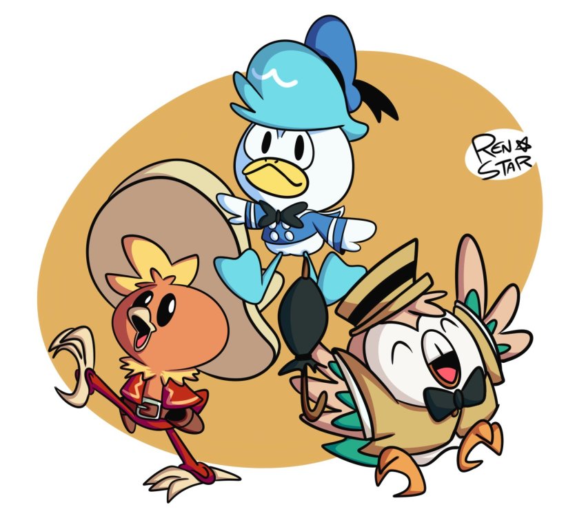 belt, bird, black_bow, blue_headwear, bow, bowtie, closed_umbrella, commentary, cosplay, donald_duck, donald_duck_(cosplay), ducktales, english_commentary, gen_3_pokemon, gen_7_pokemon, hat, highres, holster, jose_carioca, jose_carioca_(cosplay), mickey_mouse_&amp;_friends, nintendo, no_humans, open_mouth, panchito_pistoles, panchito_pistoles_(cosplay), pokemon, pokemon_(creature), quaxly, renstar, rowlet, simple_background, sombrero, the_three_caballeros, torchic, umbrella