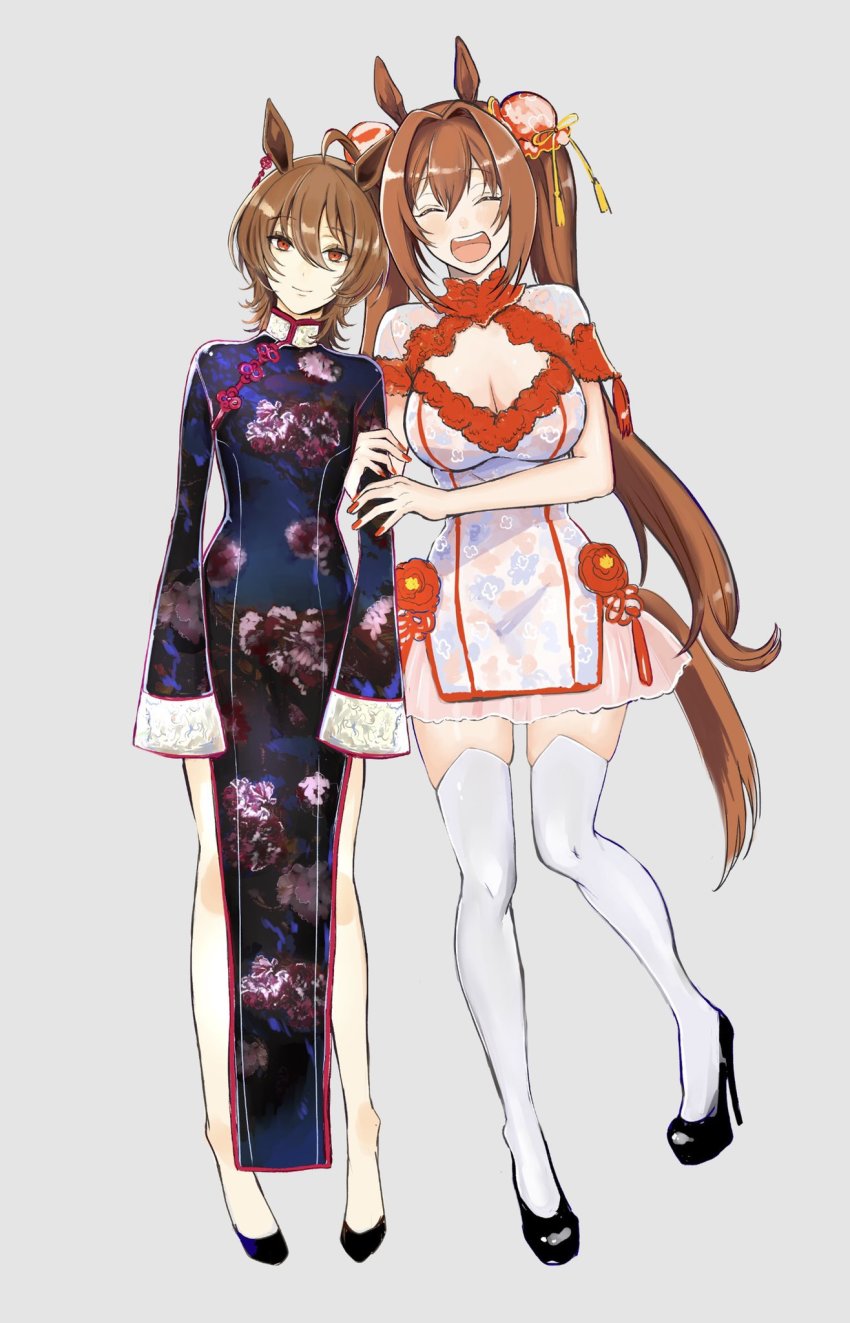 2girls, agnes_tachyon_(umamusume), alternate_costume, banira_(oocooocooocoo), china_dress, chinese_clothes, daiwa_scarlet_(umamusume), dress
