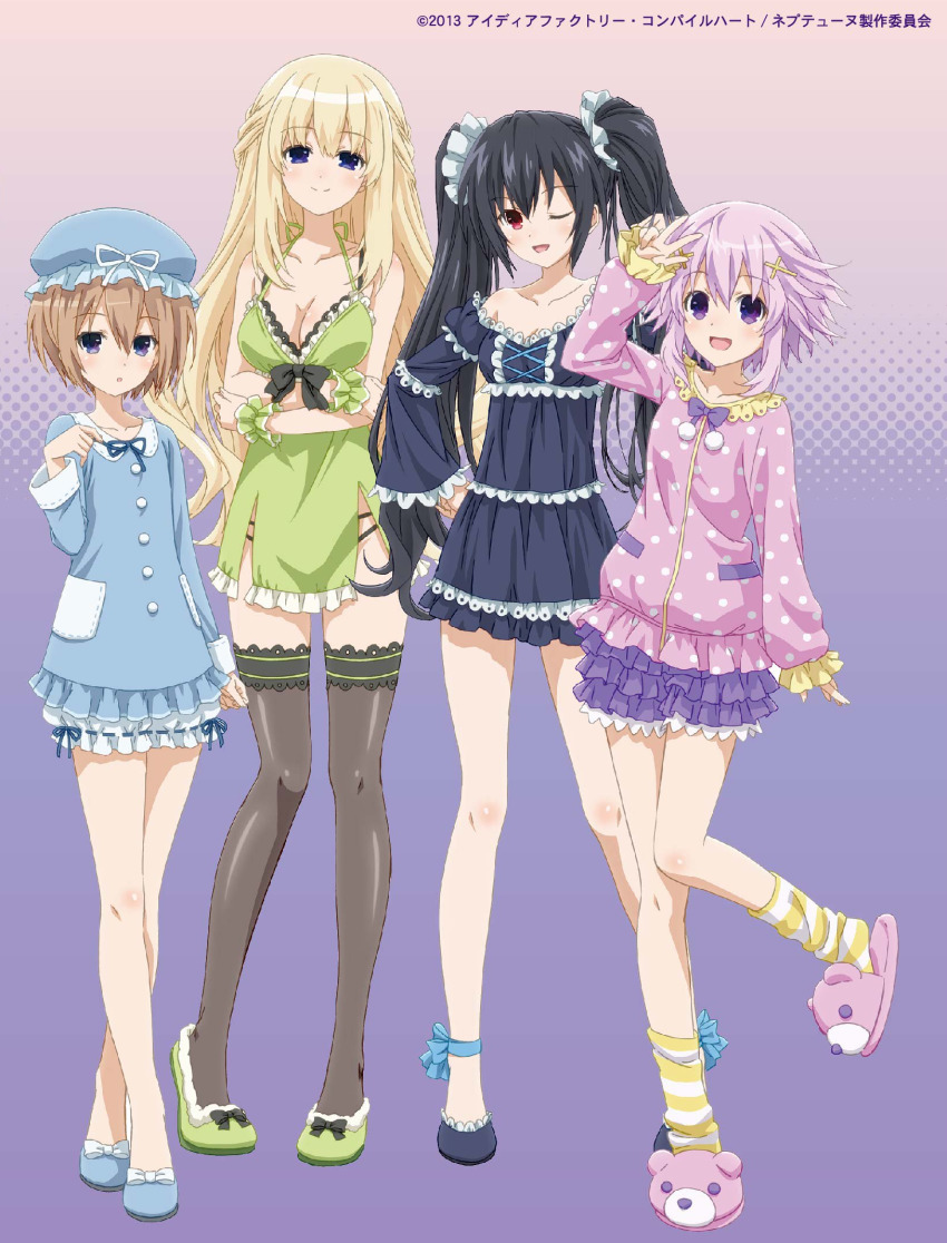 4girls, bare_shoulders, black_hair, blanc_(neptunia), blonde_hair, blue_eyes, braid, breasts, brown_hair, cuffs, dress, feet, female_focus, frown, gown, happy, hat, highres, large_breasts, leggings, long_hair, medium_breasts, multiple_girls, neptune_(neptunia), neptune_(series), night_gown, noire_(neptunia), official_art, one_eye_closed, open_mouth, pajarams, pjs, purple_background, purple_eyes, purple_hair, red_eyes, ribbon, shoes, short_hair, skirt, slippers, small_breasts, smile, socks, tsundere, twintails, v, vert_(neptunia), wink