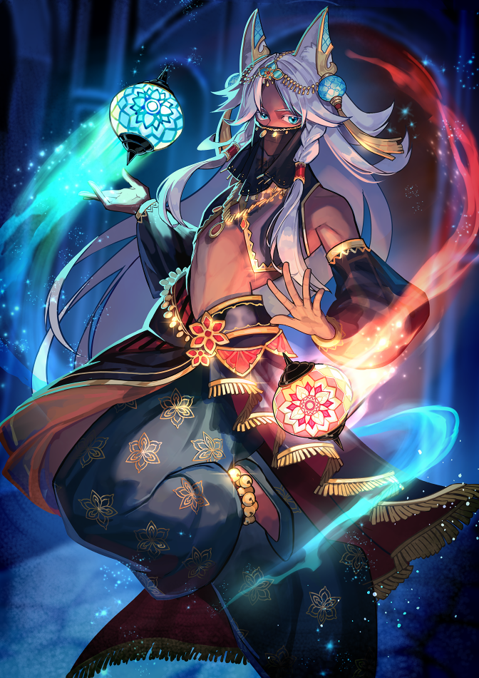 1boy, animal_ear_fluff, animal_ears, anklet, arabian_clothes, blue_eyes, cat_ears, commentary_request