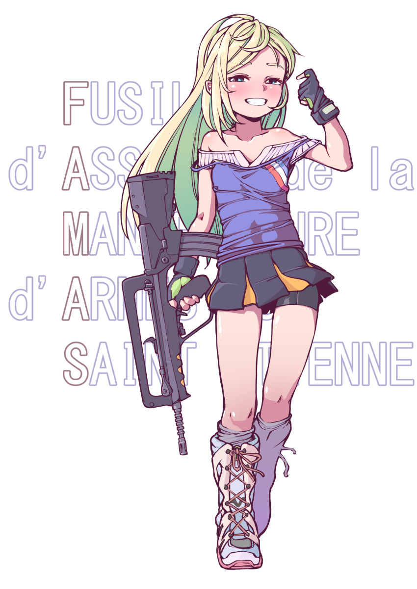 1girl, assault_rifle, bare_shoulders, bike_shorts, bike_shorts_under_skirt, blonde_hair, blush, boots