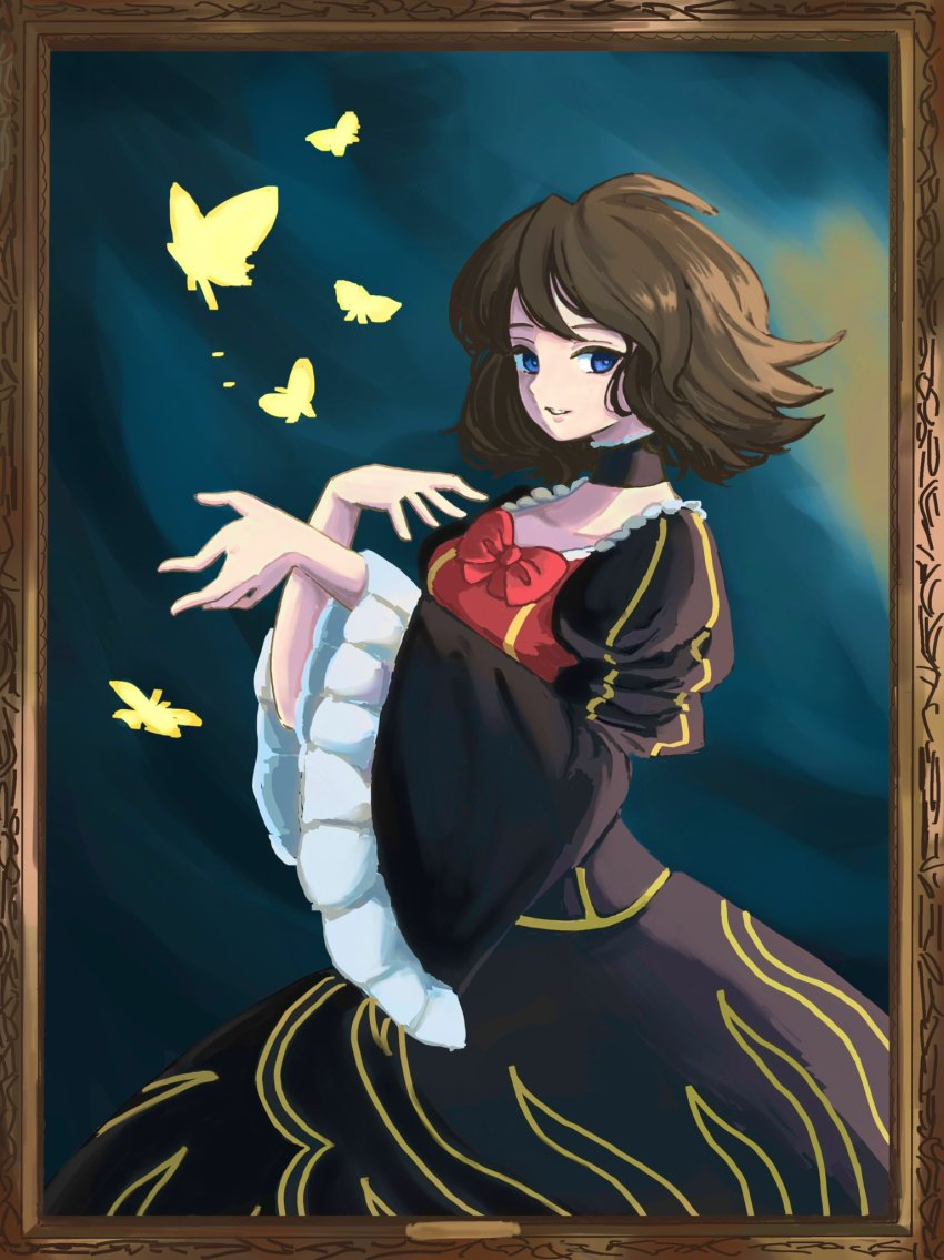 1girl, aramosaurus, black_choker, blue_eyes, bow, brown_hair, bug, butterfly