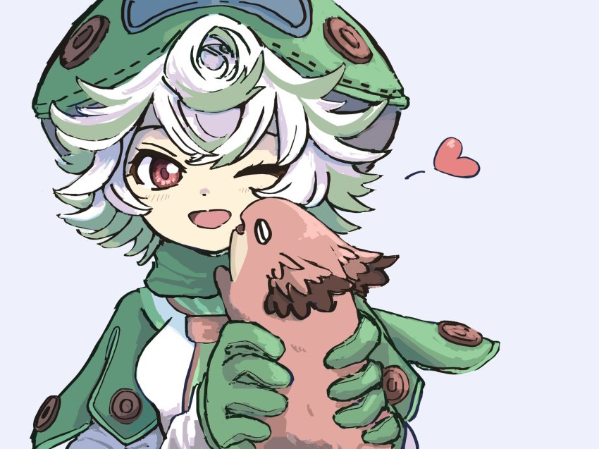 1girl, aramosaurus, blush, gloves, green_gloves, green_headwear, green_scarf, heart