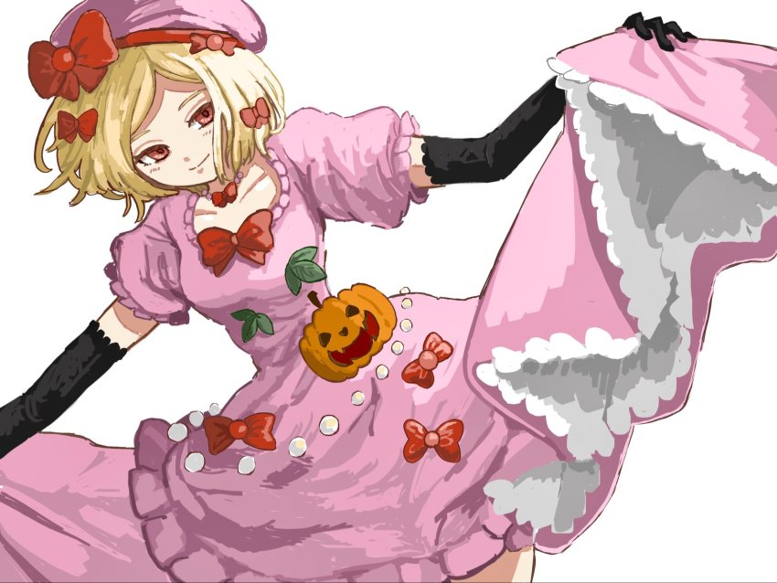 1girl, aramosaurus, black_gloves, blonde_hair, blush, bow, breasts, cowboy_shot, dress, dutch_angle, elbow_gloves, gloves, hat, hat_bow, highres, jack-o'-lantern, lambdadelta, looking_at_viewer, pink_bow, pink_dress, pink_hat, red_bow, red_eyes, short_hair, small_breasts, smile, solo, thighs, umineko_no_naku_koro_ni, white_background