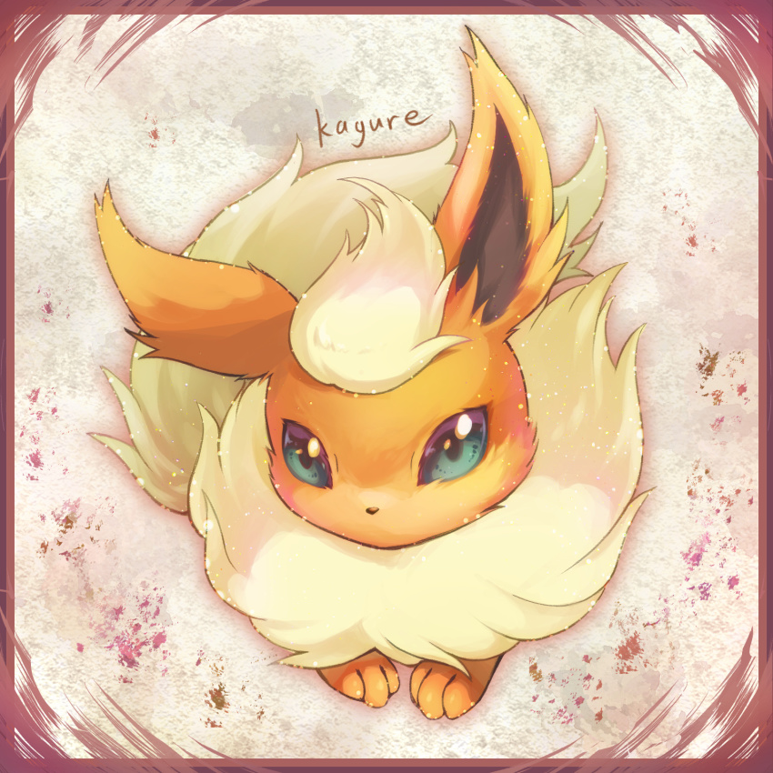 animal_focus, border, commentary_request, flareon, full_body, gen_1_pokemon, green_eyes, highres