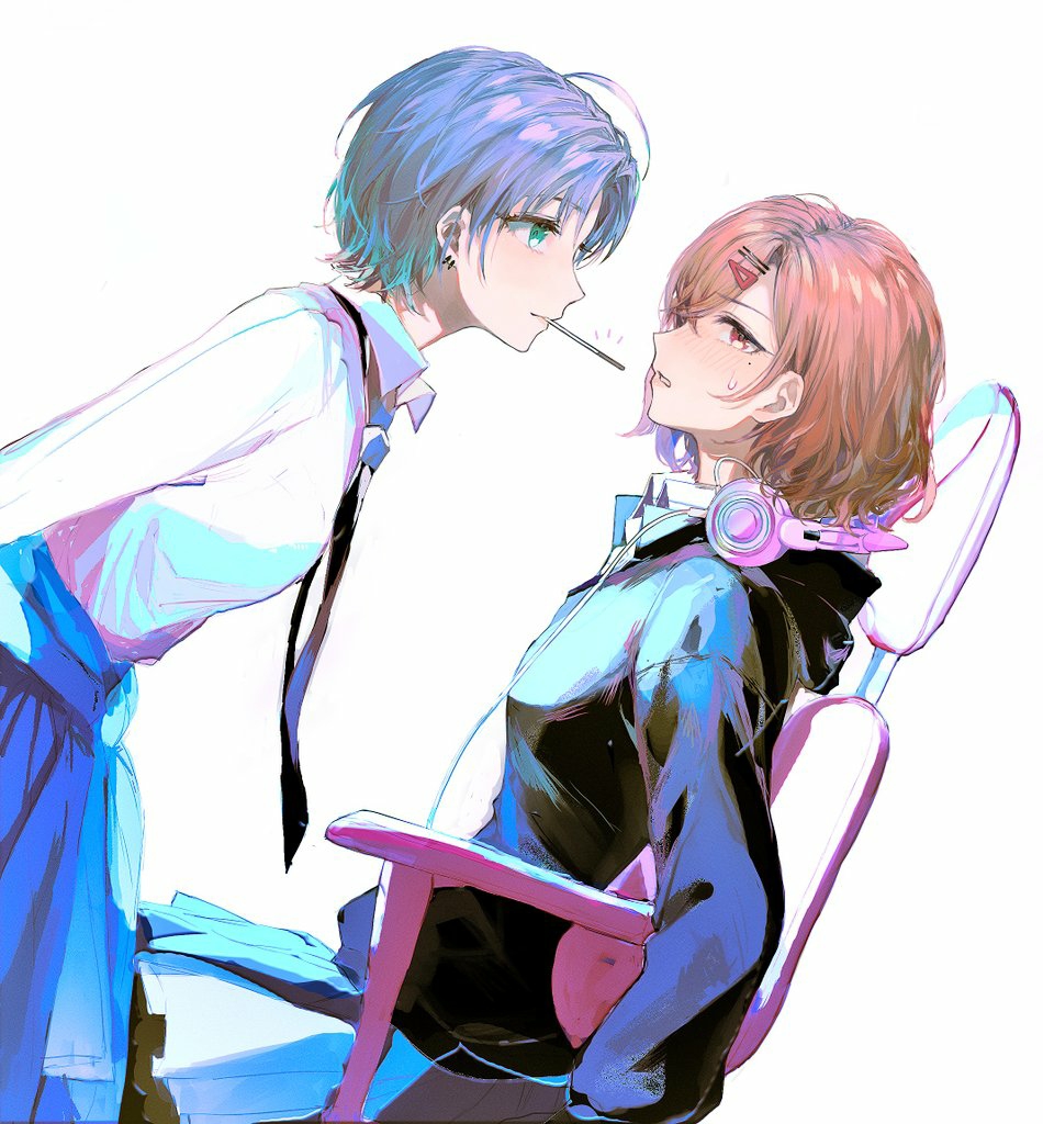 2girls, asakura_toru, blue_hair, blue_necktie, blue_skirt, brown_hair, chair, chinese_commentary, collarbone, collared_shirt, commentary_request, crossed_bangs, ear_piercing, embarrassed, food, from_side, green_eyes, hair_between_eyes, hair_ornament, hairclip, headset, higuchi_madoka, idolmaster, idolmaster_shiny_colors, kkuang, leaning_forward, light_blush, long_skirt, looking_at_another, looking_away, mole, mole_under_eye, multiple_girls, necktie, parted_bangs, piercing, pocky, shirt, short_hair, simple_background, skirt, standing, sweatdrop, sweater, swept_bangs, white_background, white_shirt