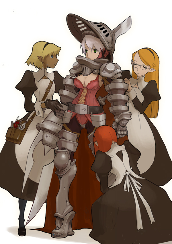 4girls, abe_jun, apron, armor, bad_id, bad_pixiv_id, blonde_hair, blue_eyes, breasts, cleavage, dark_skin, dark-skinned_female, dress, dressing, elf, closed_eyes, glasses, gloves, greaves, green_eyes, helmet, knight, maid, maid_apron, medium_breasts, multiple_girls, orange_hair, original, pointy_ears, tools, white_hair