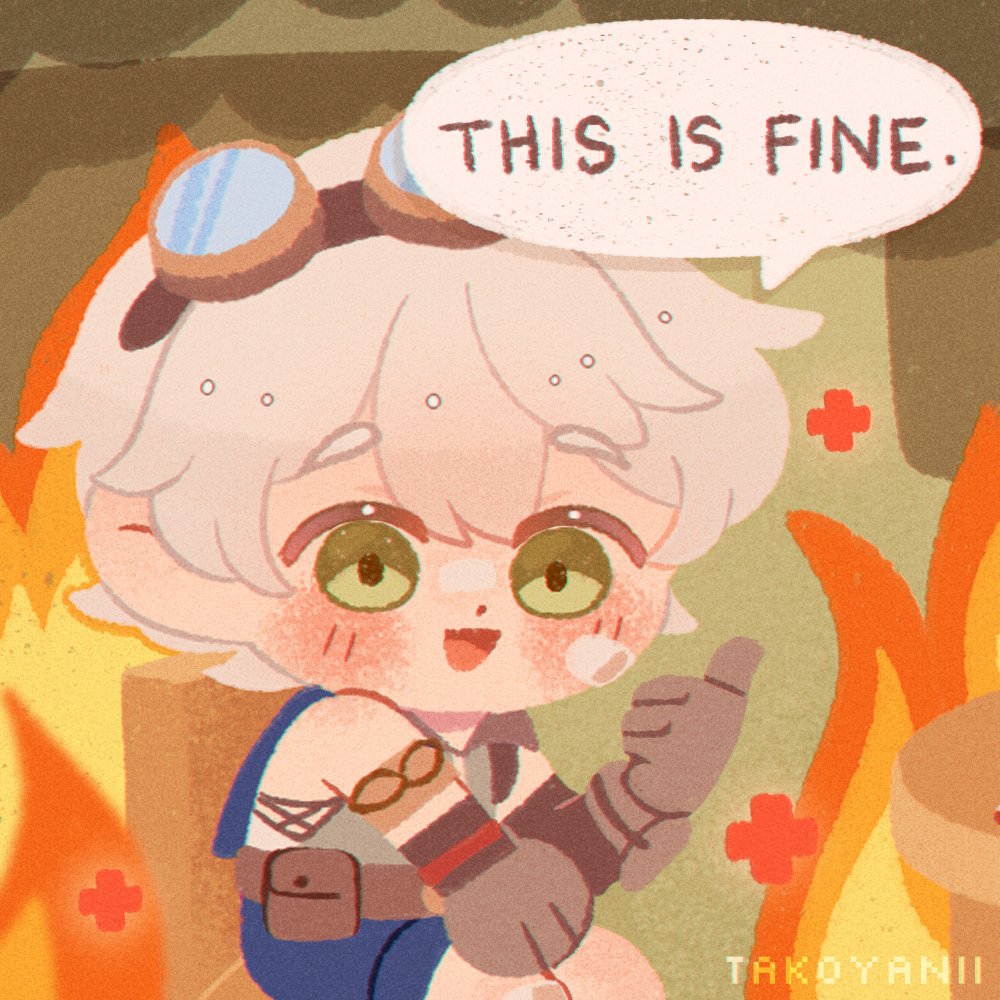 1boy, arm_scarf, bandaid, bandaid_on_face, bandaid_on_nose, bennett_(genshin_impact), black_shorts, brown_gloves, burning, burning_building, chair, commentary, english_commentary, english_text, fire, genshin_impact, gloves, goggles, goggles_on_head, green_eyes, grey_hair, male_focus, meme, scar, scar_on_arm, shorts, sitting, smile, solo, this_is_fine_(meme), thumbs_up, yani_(takoyanii)