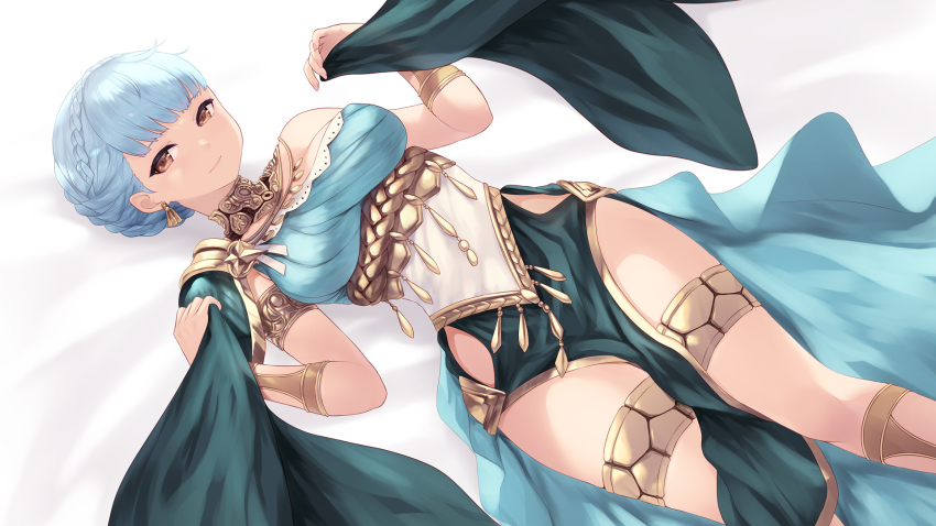 1girl, armlet, blue_hair, braid, breasts, brown_eyes, cait_aron, crown_braid