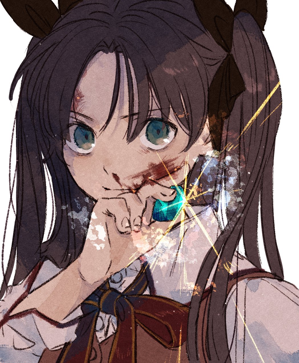 1girl, black_ribbon, blood, blood_on_face, brown_hair, brown_vest, fate/stay_night, fate_(series)