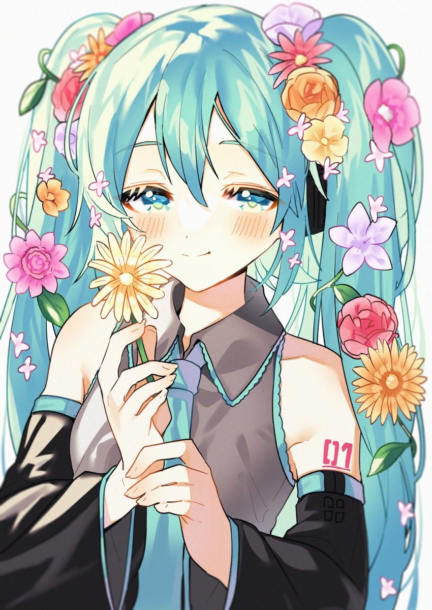 1girl, akane_yuki_(yukito0306), aqua_eyes, aqua_hair, blouse, detached_sleeves, flower, grey_shirt