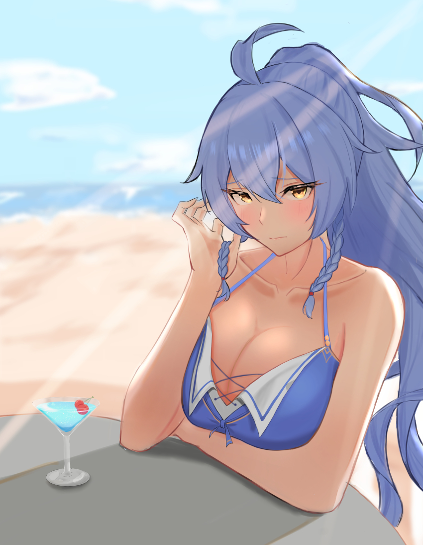 1girl, absurdres, ahoge, alcohol, arm_under_breasts, bare_shoulders, beach, blue_sky, blush, braid, breasts, cherry, cleavage, closed_mouth, cloud, cocktail_glass, cup, drinking_glass, food, fruit, granblue_fantasy, hair_between_eyes, halterneck, high_ponytail, highres, imocy, large_breasts, light_purple_hair, long_hair, ocean, ponytail, sand, shore, sidelocks, silva_(granblue_fantasy), silva_(summer)_(granblue_fantasy), sky, solo, table, twin_braids, yellow_eyes