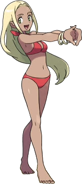1girl, armpits, barefoot, belly, bikini, blonde_hair, bracelet, breasts, green_eyes, jewelry, legs, long_hair, looking_at_viewer, lowres, midriff, nail_polish, navel, nintendo, official_art, open_mouth, pokemon, pokemon_x_and_y, red_bikini, smile, stretching, sugimori_ken, swimmer_(pokemon), swimsuit, take_(takegarou), tan, toenails, toes
