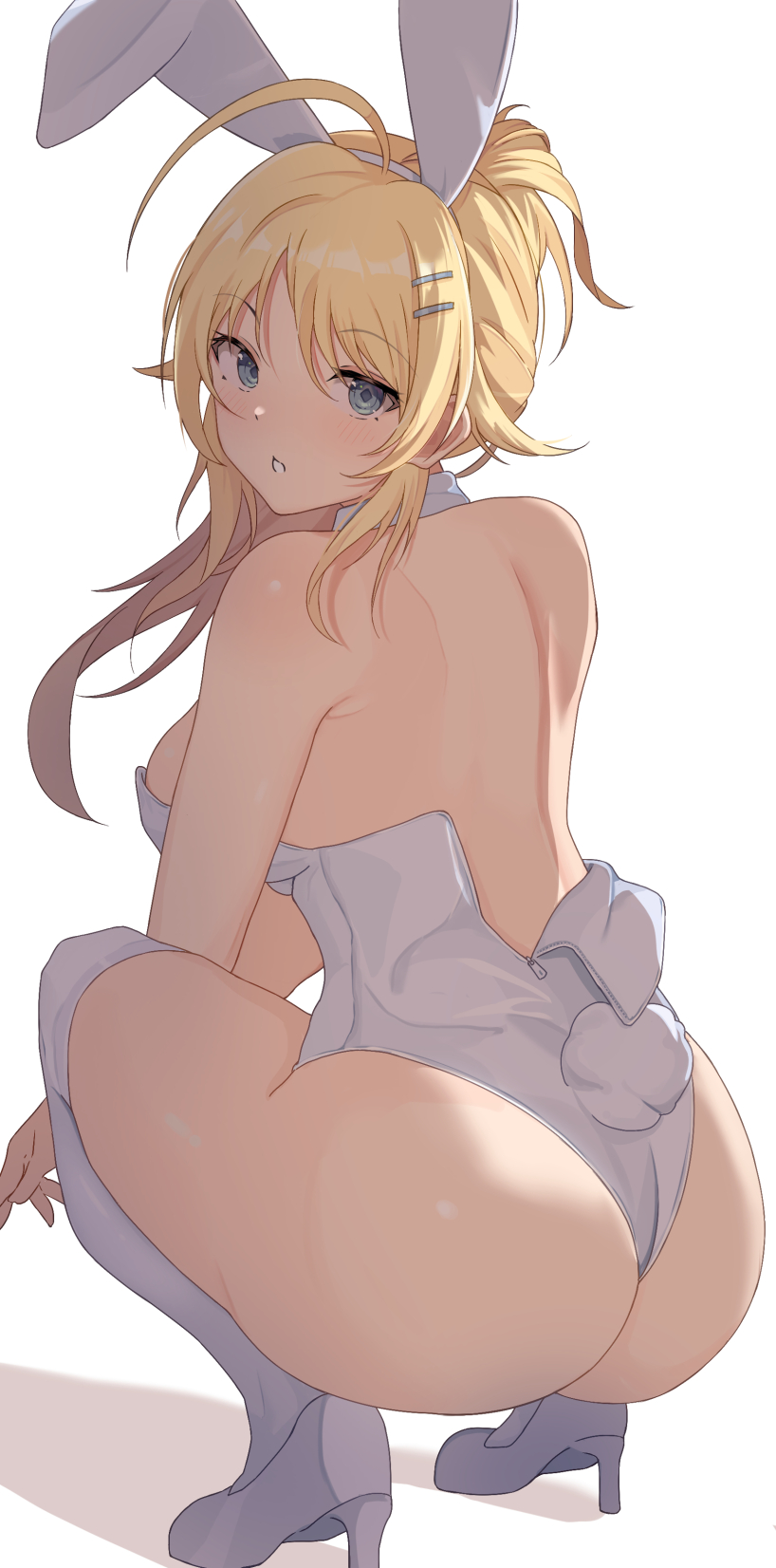 1girl, ahoge, animal_ears, ass, blonde_hair, hachimiya_meguru, highres, idolmaster, idolmaster_shiny_colors, leotard, looking_at_viewer, looking_back, playboy_bunny, rabbit_ears, rabbit_tail, shoulder_blades, simple_background, solo, squatting, tail, thighs, white_background, white_footwear, white_legwear, white_leotard, yui081
