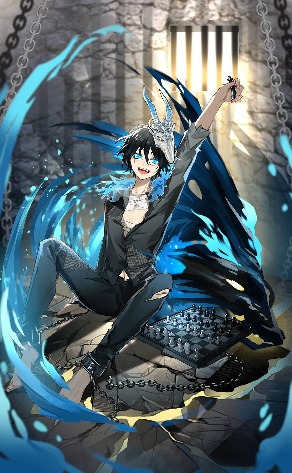 1boy, ankle_cuffs, anklet, beartoris, black_hair, blue_eyes, board_game, chain