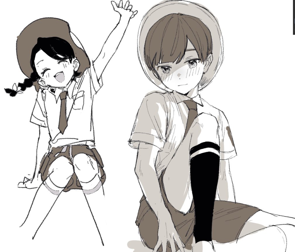 1boy, 1girl, :d, arm_up, blush, braid, breast_pocket, closed_eyes, closed_mouth, collared_shirt, commentary_request, eyelashes, florian_(pokemon), hat, juliana_(pokemon), kneehighs, knees, long_hair, looking_at_viewer, necktie, nintendo, open_mouth, pocket, pokemon, pokemon_scarlet_and_violet, searmy, shirt, short_hair, short_sleeves, shorts, single_braid, smile, socks, teeth, upper_teeth_only