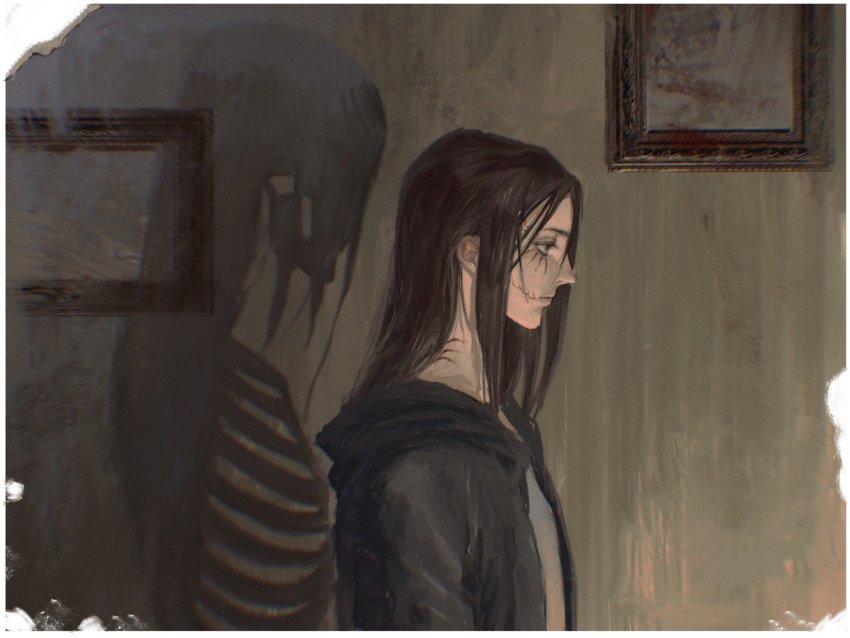 1boy, black_hair, black_jacket, border, different_shadow, eren_yeager, expressionless, highres