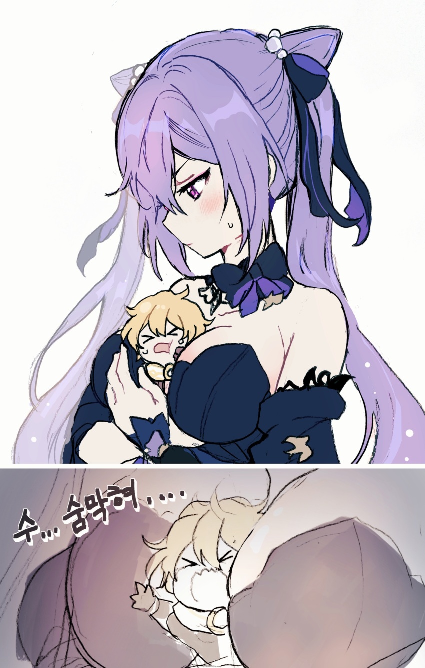 >_<, 1boy, 1girl, 5rwpvc, :o, absurdres, aether_(genshin_impact), bare_shoulders