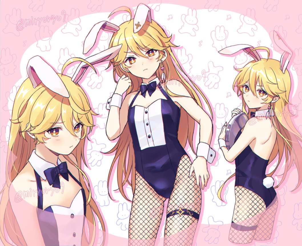 1boy, 1girl, aether_(genshin_impact), ahoge, animal_ears, ass, blonde_hair, blush