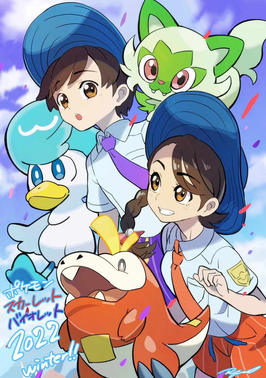 1girl, backpack, bag, blouse, blue_eyes, blue_headwear, braid, breast_pocket