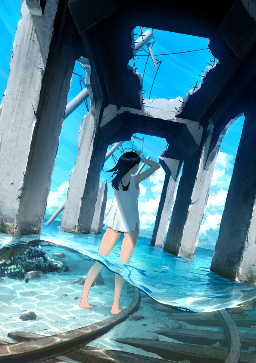 1girl, ahoge, black_hair, blue_sky, from_behind, highres, ocean, one-piece_swimsuit, original, outdoors, partially_submerged, railroad_tracks, ruins, scenery, sky, solo, summer, swimsuit, tank_top, tsunosekai, wading