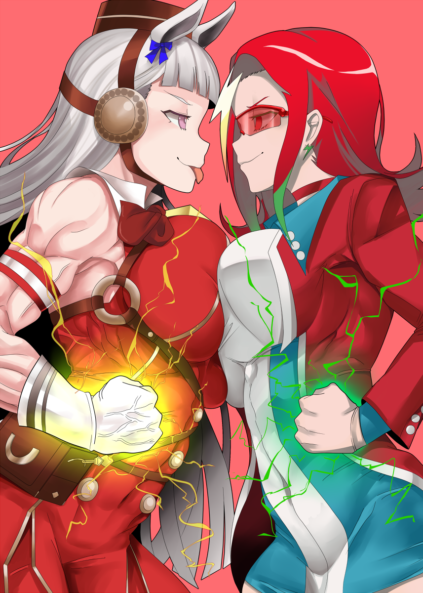 2girls, aikawa_jun, animal_ears, armband, bare_shoulders, blonde_hair, blush, breasts