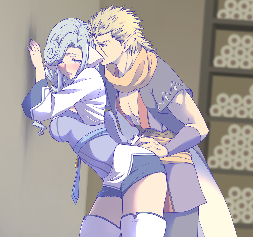 1boy, 1girl, against_wall, ainu_clothes, animal_ears, aquaplus, ass, bent_over, blonde_hair, blue_sash, blurry, blurry_background, blush, boots, breasts, cleavage, curly_hair, eyes_visible_through_hair, from_side, hair_over_one_eye, hair_over_shoulder, large_breasts, leaning_forward, long_hair, long_sleeves, looking_at_another, looking_at_viewer, manyu274, mikazuchi_(utawarerumono), munechika, open_mouth, pointy_ears, raised_eyebrows, sash, sideboob, sidelocks, skirt, spiked_hair, strapless, tail, teeth, thick_thighs, thigh_boots, thighhighs, thighs, tongue, tube_top, utawarerumono, utawarerumono:_itsuwari_no_kamen, variations, wide_sleeves, yellow_eyes