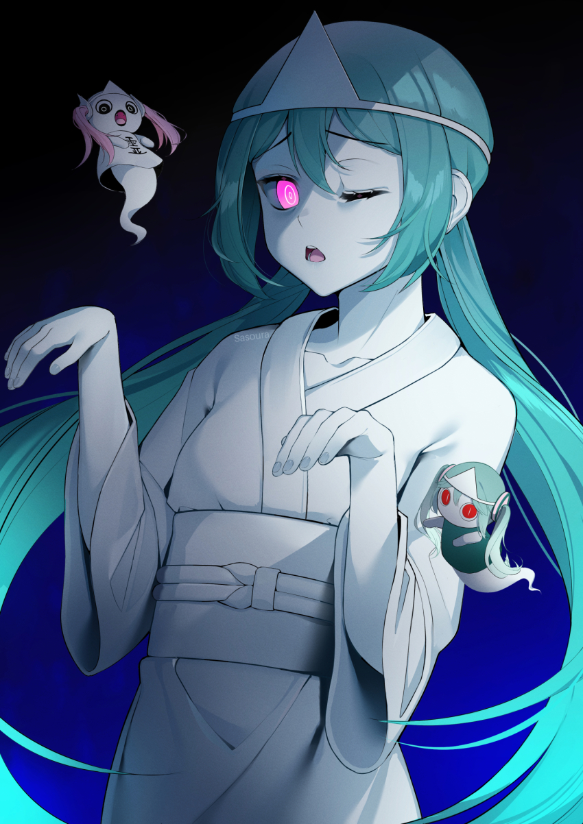 3girls, aimaina, aqua_hair, artist_name, bikini, black_bikini, blue_background, collarbone