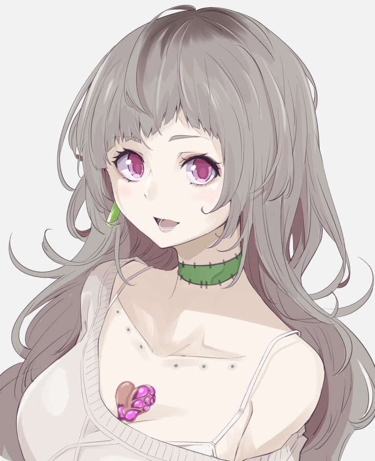 1girl, bolt_(hardware), bra, breasts, collarbone, diagonal_bangs, earrings, grey_hair