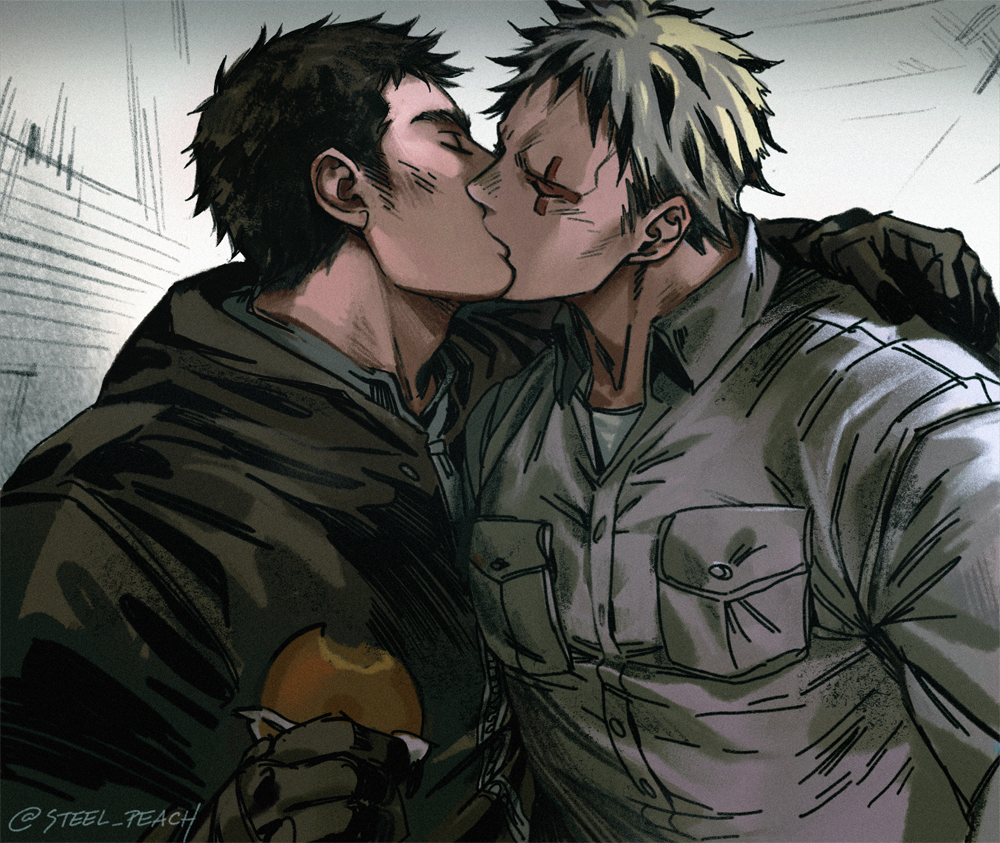 2boys, aikawa_(dorohedoro), arm_hug, artist_name, bad_id, bad_pixiv_id, bara, black_hair