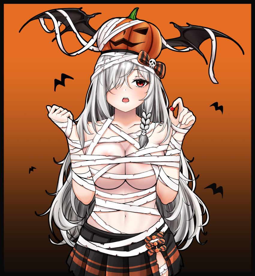 1girl, bandaged_arm, bandaged_head, bandages, black_skirt, blush, bow, bowtie