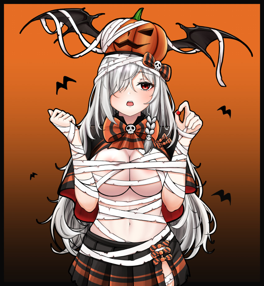 1girl, bandaged_arm, bandaged_head, bandages, black_cloak, black_skirt, blush, bow