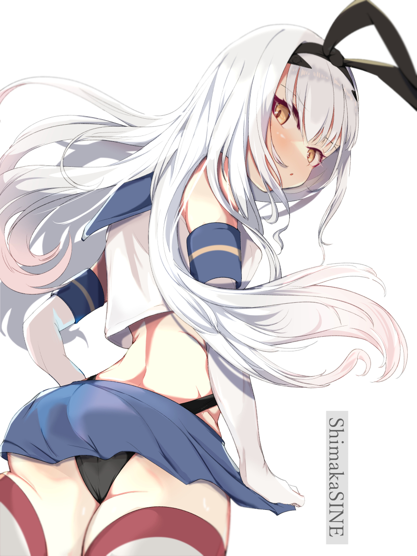 1girl, absurdres, ass, back, black_hairband, black_panties, blue_skirt, breasts