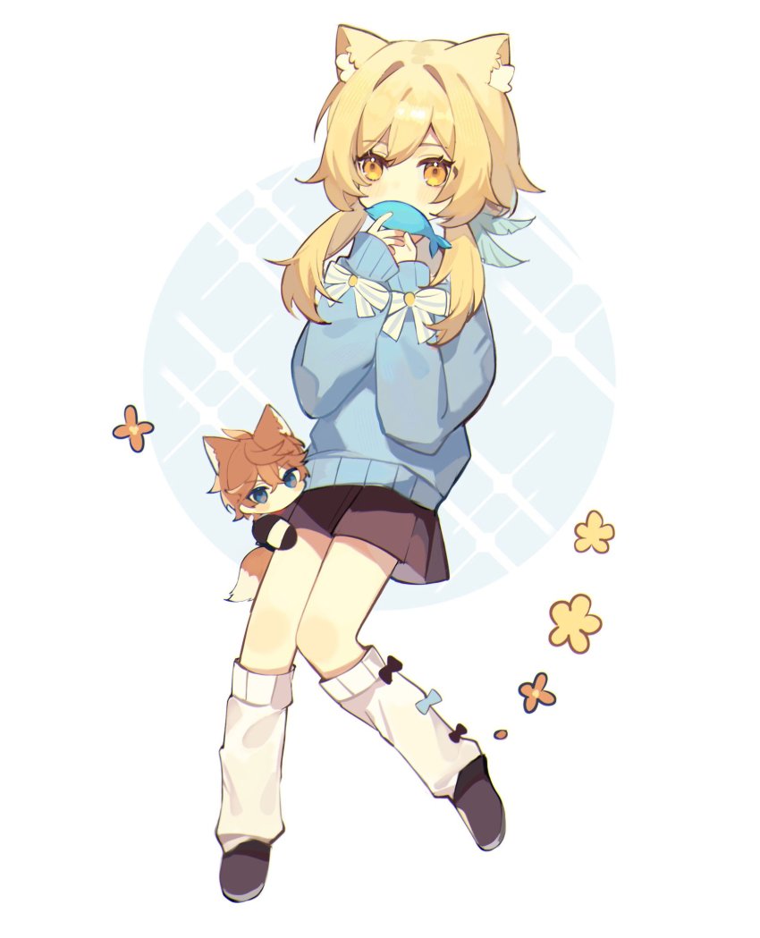 1boy, 1girl, animal, animal_ears, black_footwear, black_skirt, blonde_hair, blue_sweater
