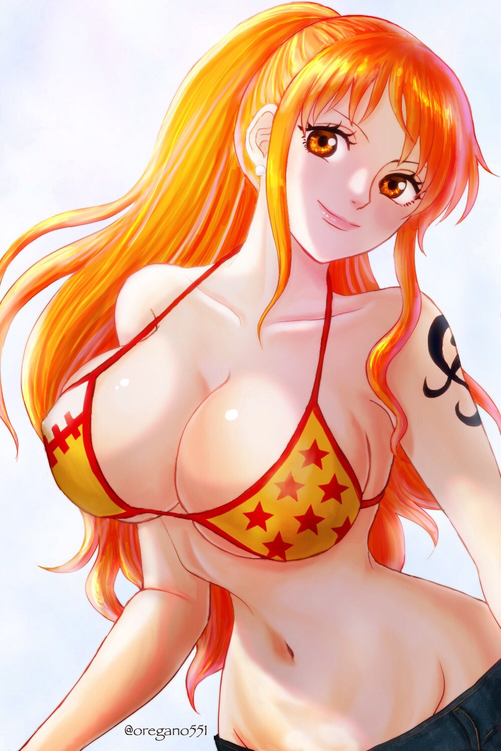 1girl, bikini, bikini_top_only, breasts, cleavage, collarbone, cowboy_shot, denim, highres, jeans, large_breasts, long_hair, looking_at_viewer, nami_(one_piece), nami_(one_piece)_(punk_hazard), navel, one_piece, orange_eyes, orange_hair, oregano551, pants, shoulder_tattoo, smile, solo, strap_gap, tagme, tattoo