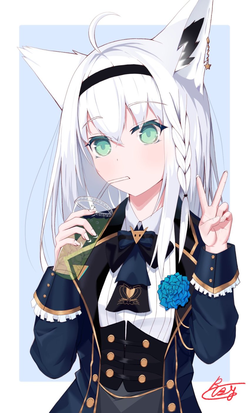 1girl, ahoge, animal_ear_fluff, animal_ears, ascot, blue_ascot, blue_background, blue_jacket, border, braid, commentary_request, corset, cup, drinking_straw, earrings, fox_ears, fox_girl, glass, green_eyes, grey_skirt, hair_between_eyes, hairband, highres, holding, holding_cup, hololive, jacket, jewelry, long_hair, looking_at_viewer, open_clothes, open_jacket, ruby_cubist, shirakami_fubuki, shirakami_fubuki_(parade_dress), shirt, sidelocks, signature, simple_background, single_braid, skirt, solo, v, virtual_youtuber, white_hair, white_shirt