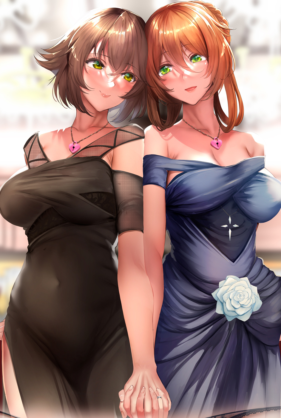 2girls, black_dress, blue_dress, blush, breasts, brown_hair, cleavage, collarbone