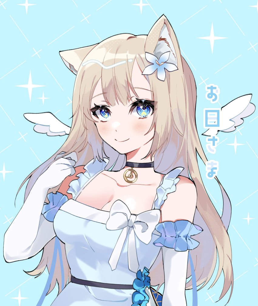 1girl, absurdres, angel_wings, animal_ears, arm_garter, blonde_hair, blue_eyes, breasts