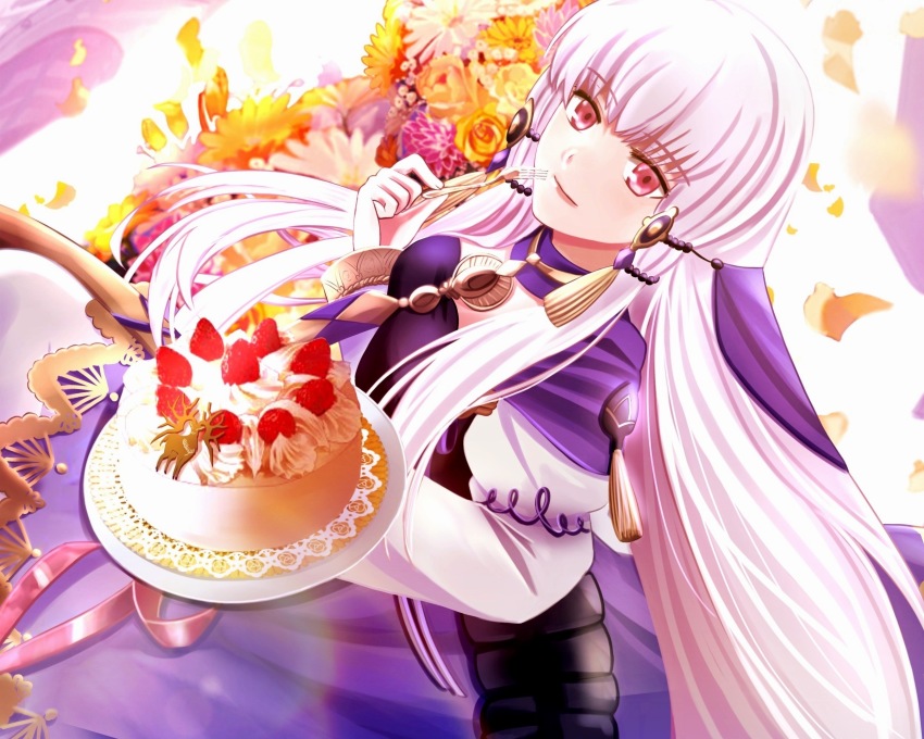 1girl, bouquet, cake, capri_(blaue0514), closed_mouth, commentary_request, fire_emblem, fire_emblem:_three_houses, flower, food, fork, hair_ornament, highres, holding, holding_fork, long_hair, long_sleeves, looking_at_viewer, lysithea_von_ordelia, lysithea_von_ordelia_(timeskip), nintendo, petals, red_eyes, smile, solo, upper_body, white_hair