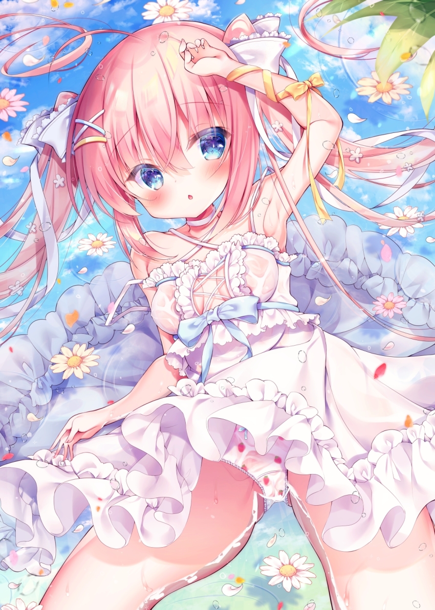 arm_up, armpits, bare_shoulders, blue_eyes, blush, breasts, chestnut_mouth, commentary_request