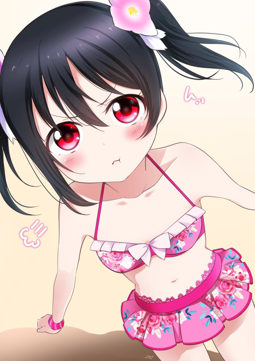 1girl, bikini, bikini_skirt, black_hair, blush, closed_mouth, collarbone, flat_chest