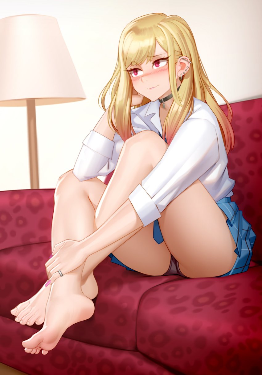1girl, absurdres, bare_legs, barefoot, black_choker, black_panties, blonde_hair, blue_skirt, blush, choker, commentary, couch, crossed_ankles, ear_piercing, feet, female_focus, full_body, gradient_hair, hand_in_own_hair, hand_up, highres, indoors, jewelry, kairunoburogu, kitagawa_marin, lamp, legs, long_hair, looking_away, multicolored_hair, nail_polish, panties, pantyshot, piercing, pink_hair, pink_nails, plaid_clothes, plaid_skirt, pleated_skirt, red_eyes, ring, shirt, sitting, skirt, sleeves_rolled_up, smile, solo, sono_bisque_doll_wa_koi_wo_suru, thighs, toes, underwear, white_shirt