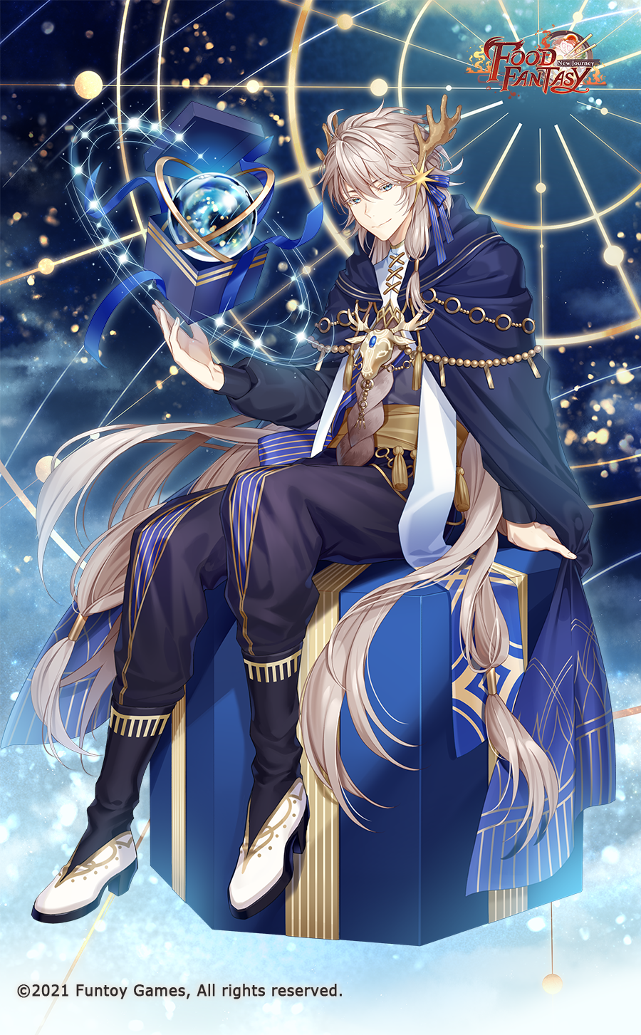 1boy, antlers, blue_eyes, box, brown_hair, cocosuke, finland_sauteed_reindeer_(food_fantasy), food_fantasy, gift, highres, horns, long_hair, male_focus, official_art, on_box, pale_skin, reindeer_antlers, sitting, sitting_on_box, sky, snow, star_(sky), starry_sky
