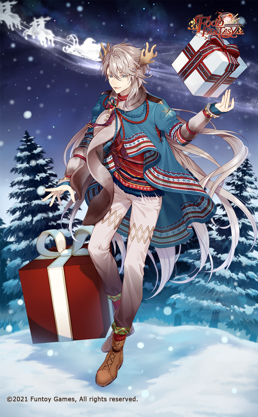 1boy, antlers, blue_eyes, boots, brown_hair, christmas_tree, cocosuke, finland_sauteed_reindeer_(food_fantasy), food_fantasy, full_body, hair_between_eyes, highres, horns, lace-up_boots, long_hair, male_focus, official_art, pale_skin, reindeer_antlers, snow, snowing, socks, tree