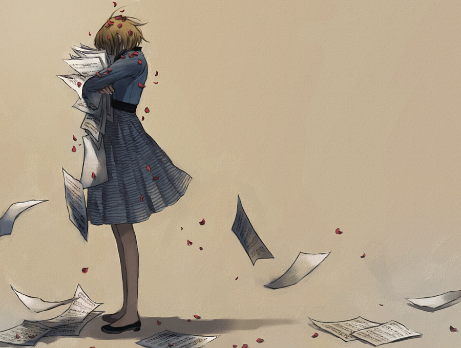 1girl, bad_id, bad_pixiv_id, brown_hair, dress, female_focus, hug, musical_note, noda_megumi, nodame_cantabile, pantyhose, paper, petals, rose_petals, sasako, sasakuma, sheet_music, short_hair, solo