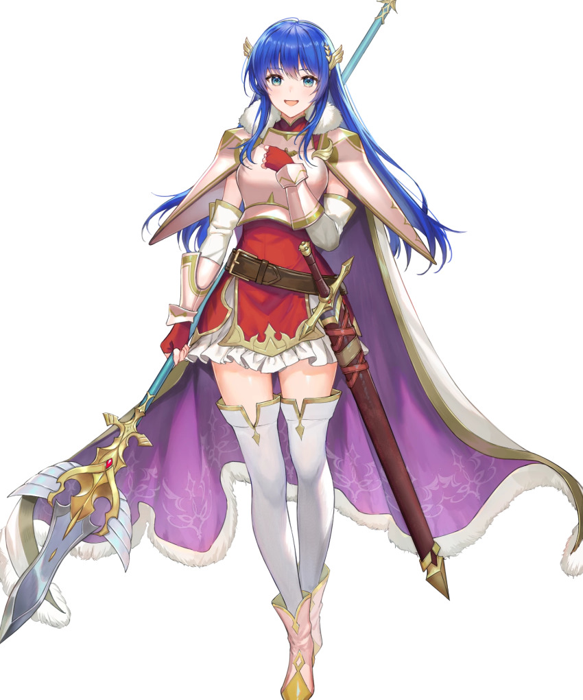 1girl, ankle_boots, armor, belt, blue_eyes, blue_hair, boots, breastplate, caeda_(beloved_queen)_(fire_emblem), caeda_(fire_emblem), cape, dress, elbow_gloves, fingerless_gloves, fire_emblem, fire_emblem:_mystery_of_the_emblem, fire_emblem_heroes, full_body, fur_trim, gloves, gold_trim, hair_ornament, hand_on_own_chest, hand_up, highres, holding, ichikawa_haru, long_hair, looking_at_viewer, nintendo, non-web_source, official_art, open_mouth, pink_boots, polearm, short_dress, shoulder_armor, skirt, smile, solo, spear, standing, sword, thighhighs, transparent_background, weapon, white_thighhighs, zettai_ryouiki