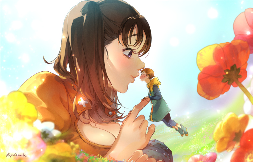 1boy, 1girl, 830_(hamio), black_hair, blue_sky, blurry, blurry_background, blush