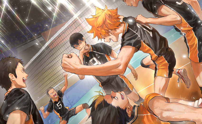 >:), 6+boys, 830_(hamio), azumane_asahi, black_hair, commentary, colored_bangs, haikyuu!!