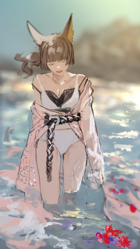 1girl, animal_ears, belt, bikini, black_bikini, blunt_bangs, blurry, blurry_background, breasts, brown_hair, cleavage, closed_eyes, collarbone, commentary_request, day, floating_hair, flower, fox_ears, fox_girl, jacket, long_hair, long_sleeves, matoba_(ga6life), medium_breasts, midriff_peek, multicolored_bikini, off_shoulder, open_mouth, outdoors, pixiv_fantasia, pixiv_fantasia_last_saga, pond, ponytail, quintica_chief_of_the_polar_night, sketch, smile, solo, standing, swimsuit, two-tone_bikini, wading, water, white_bikini